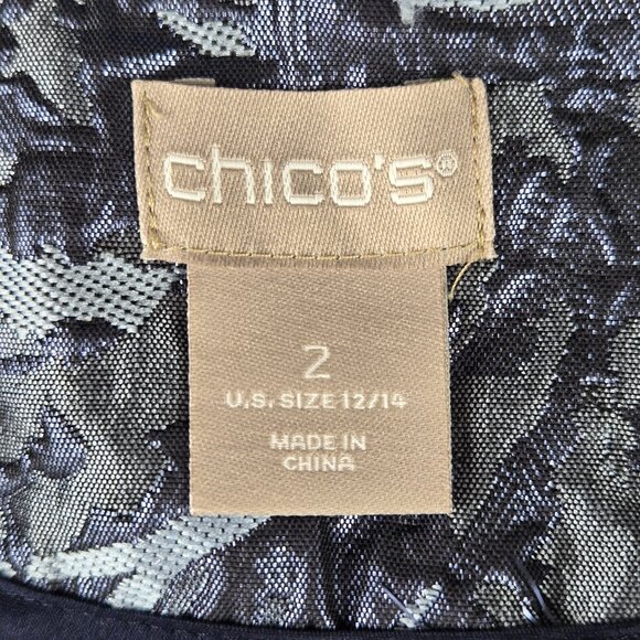 Chico’s Size 2 (12/14) Blue Jacquard Metallic Open Front Long Jacket Rolled Cuff - Picture 10 of 13